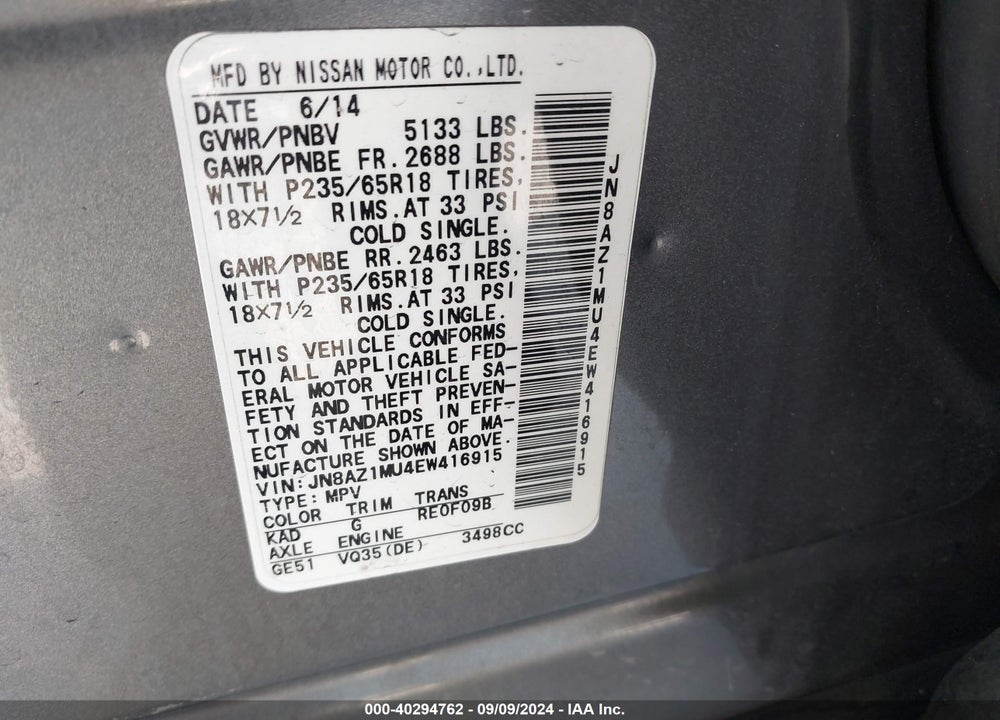2014 NISSAN MURANO SL VIN: JN8AZ1MU4EW416915
