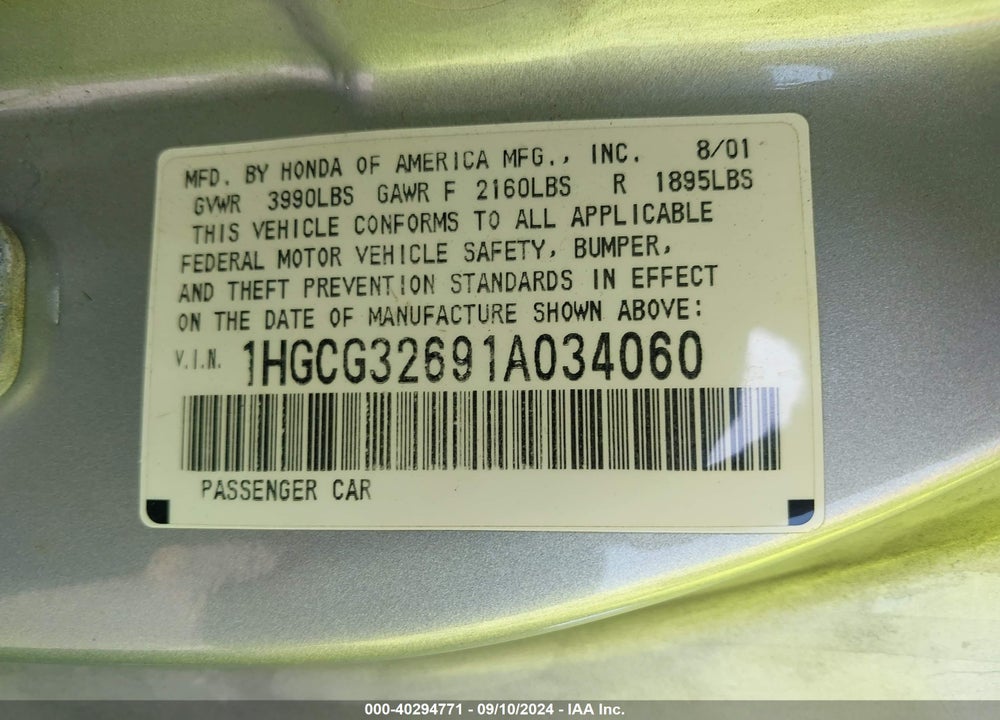 2001 HONDA ACCORD 2.3 LX VIN: 1HGCG32691A034060