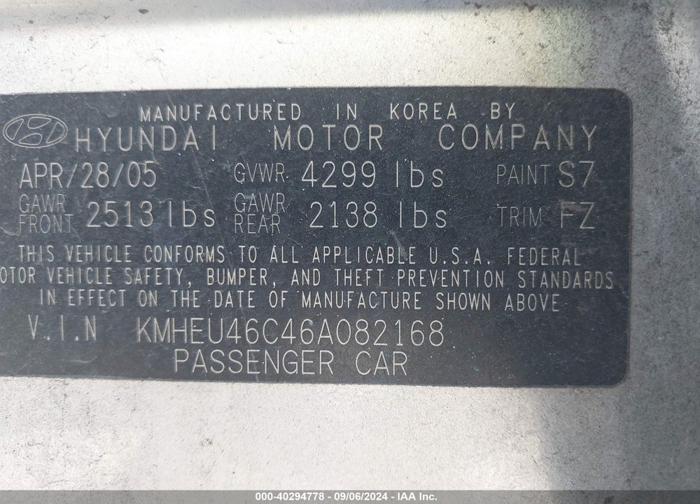 2006 HYUNDAI SONATA VIN: KMHEU46C46A082168