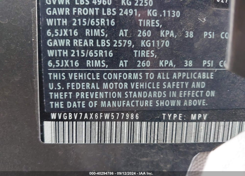 2015 VOLKSWAGEN TIGUAN S VIN: WVGBV7AX6FW577986