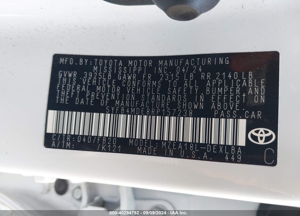 2024 TOYOTA COROLLA LE VIN: 5YFB4MDE8RP157238