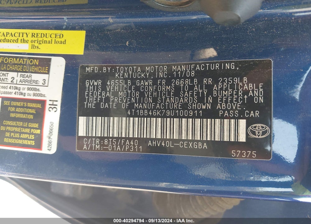 2009 TOYOTA CAMRY HYBRID VIN: 4T1BB46K79U100911