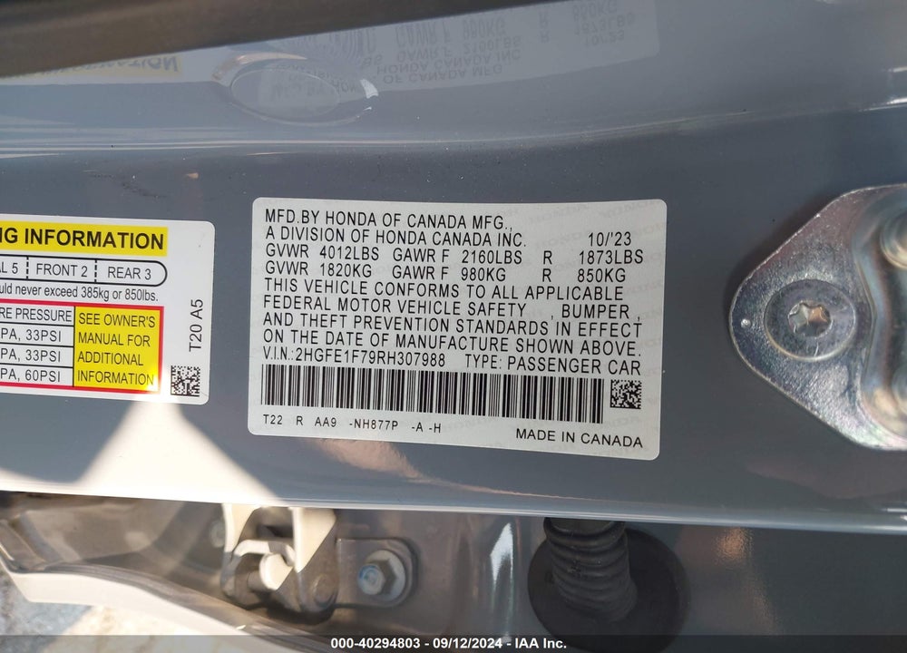 2024 HONDA CIVIC EX VIN: 2HGFE1F79RH307988