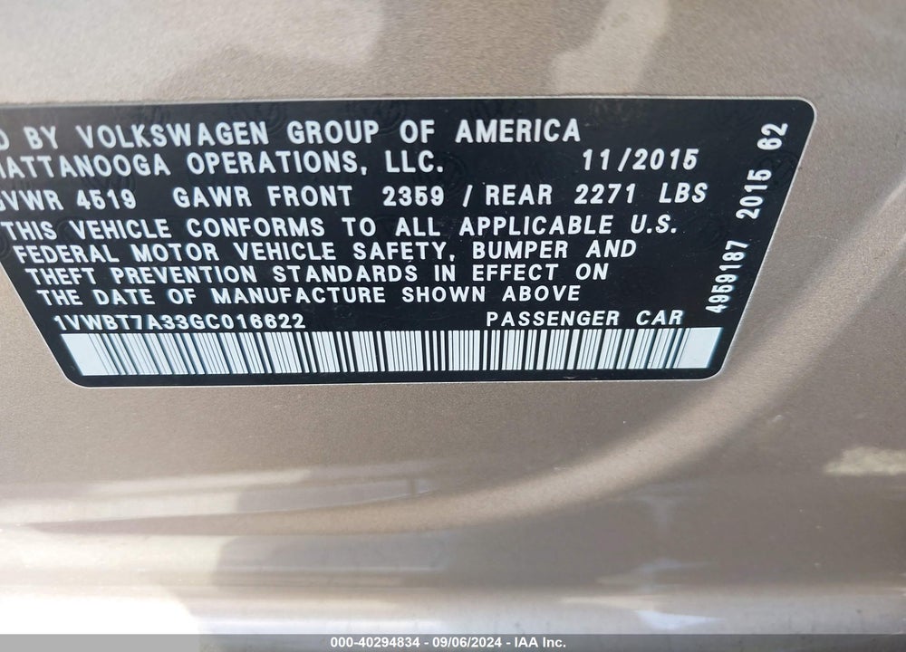 2016 VOLKSWAGEN PASSAT 1.8T SE VIN: 1VWBT7A33GC016622