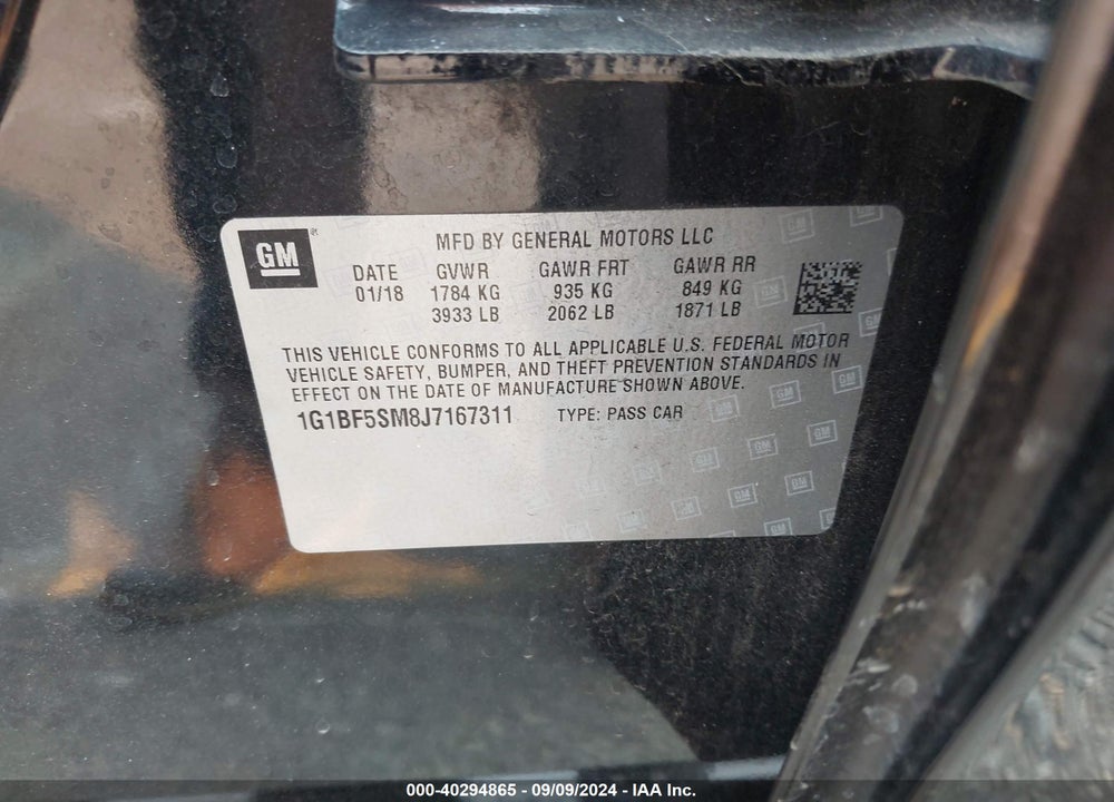 2018 CHEVROLET CRUZE PREMIER AUTO VIN: 1G1BF5SM8J7167311