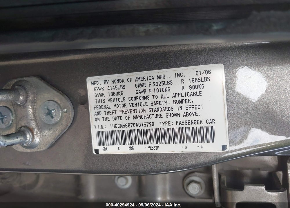 2006 HONDA ACCORD 2.4 EX VIN: 1HGCM56876A075729