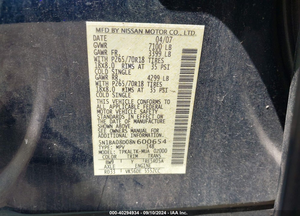 2008 NISSAN ARMADA SE VIN: 5N1BA08D08N600654