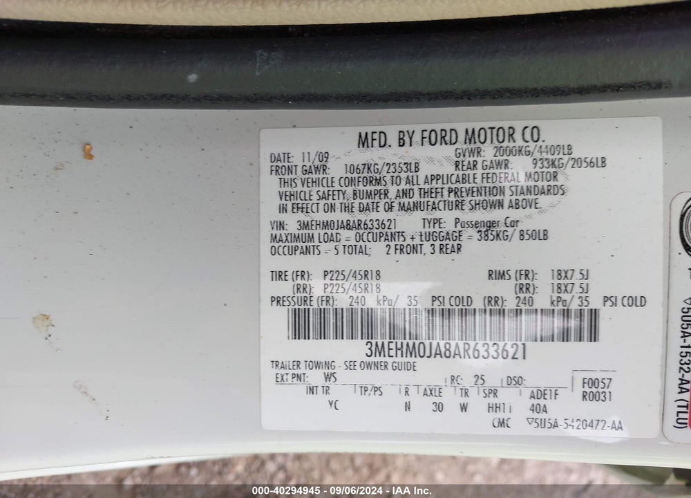 2010 MERCURY MILAN PREMIER VIN: 3MEHM0JA8AR633621