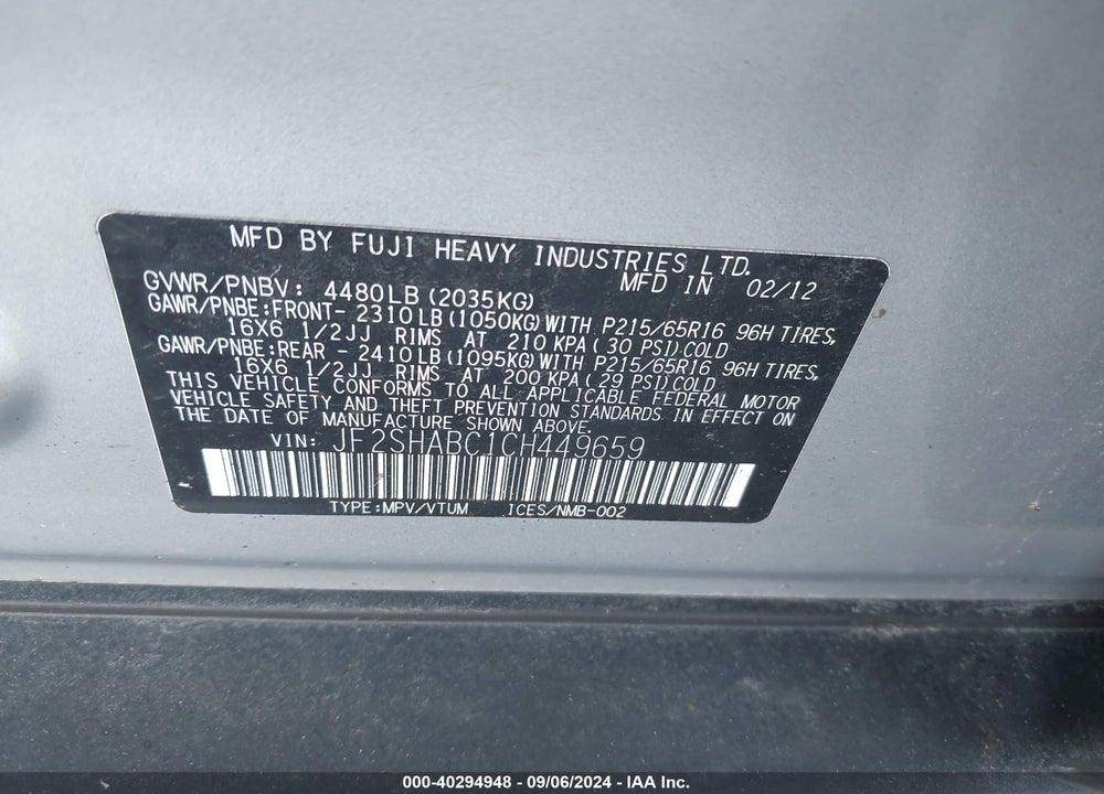 2012 SUBARU FORESTER 2.5X VIN: JF2SHABC1CH449659