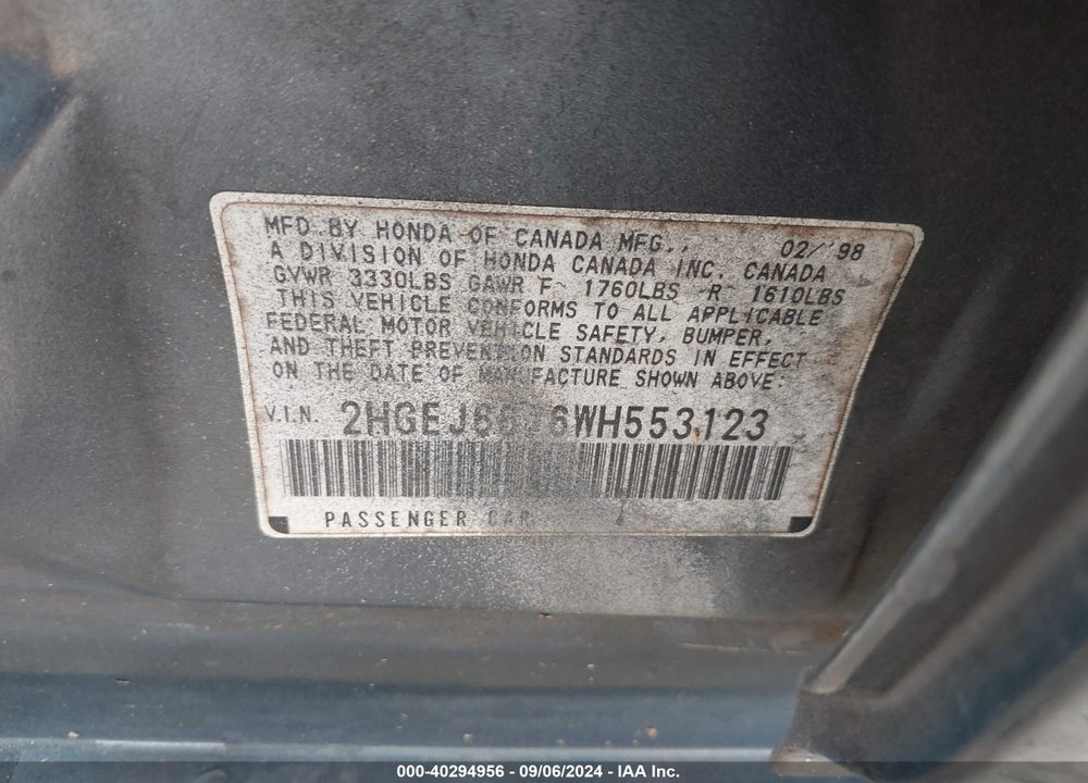 1998 HONDA CIVIC LX VIN: 2HGEJ6676WH553123