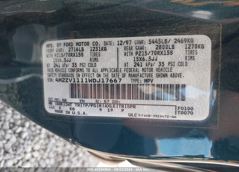 1998 MERCURY VILLAGER GS/LS/NAUTICA VIN: 4M2ZV1111WDJ17667