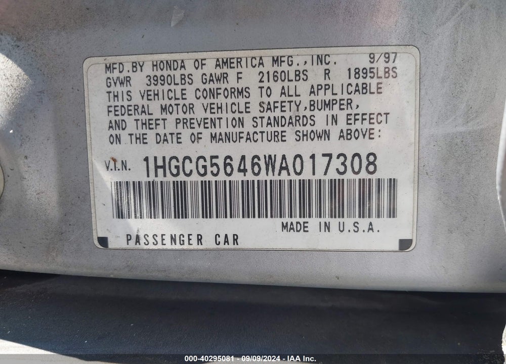 1998 HONDA ACCORD LX VIN: 1HGCG5646WA017308
