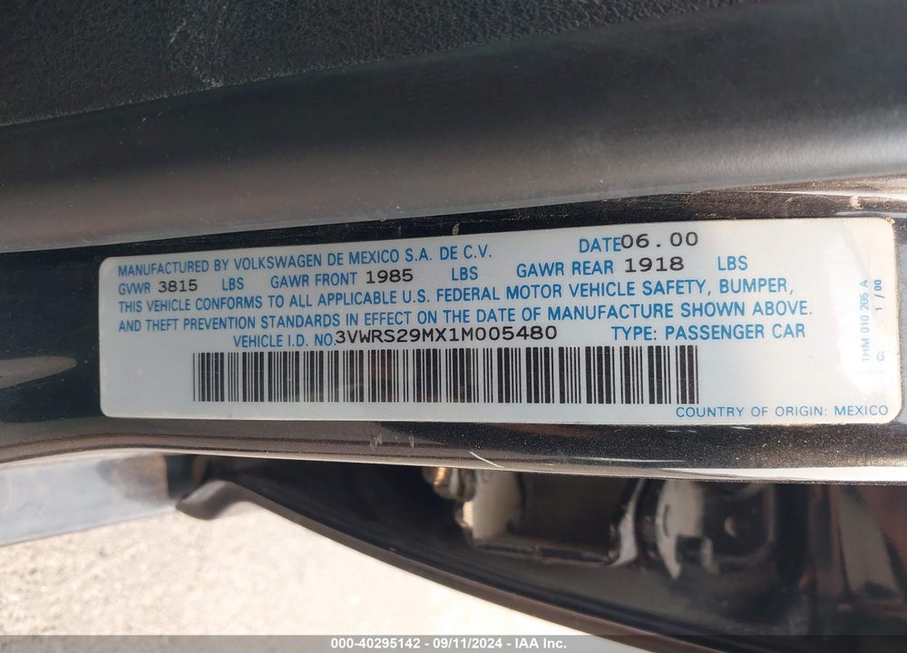 2001 VOLKSWAGEN JETTA GL VIN: 3VWRS29MX1M005480