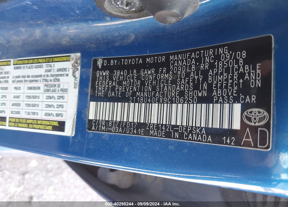 2009 TOYOTA COROLLA S VIN: 2T1BU40EX9C106250
