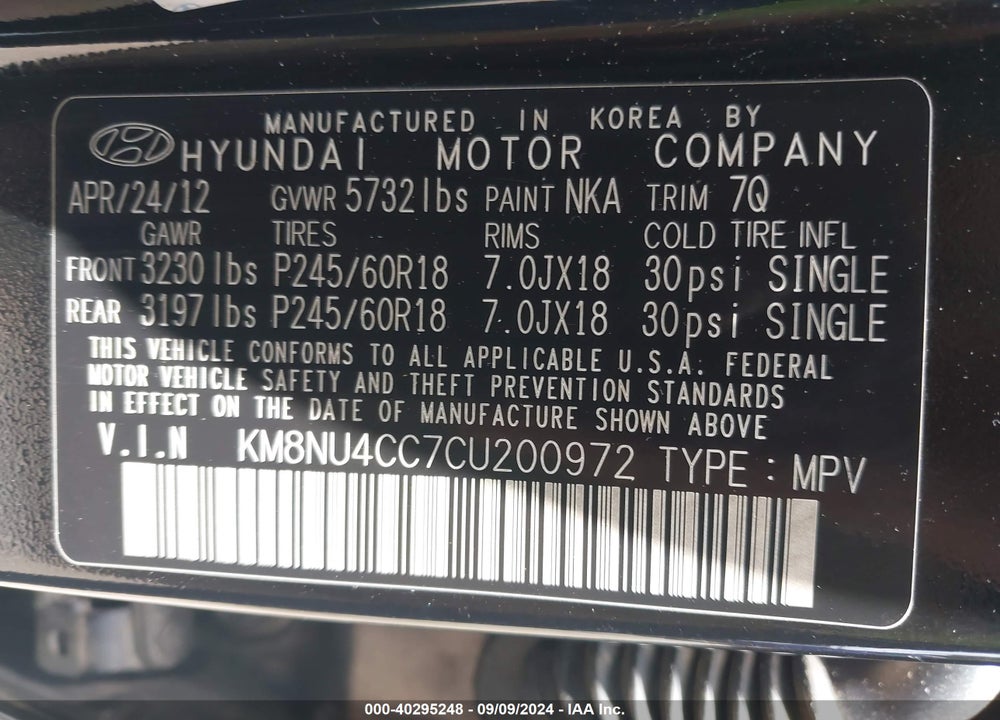 2012 HYUNDAI VERACRUZ LIMITED VIN: KM8NU4CC7CU200972