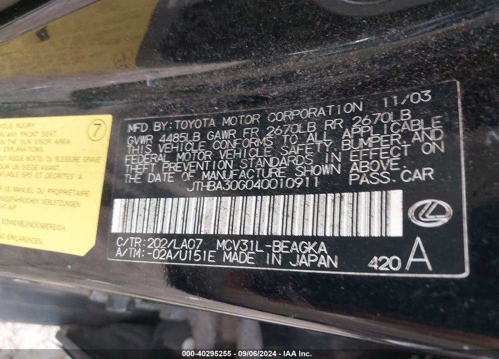 2004 LEXUS ES 330 VIN: JTHBA30G040010911