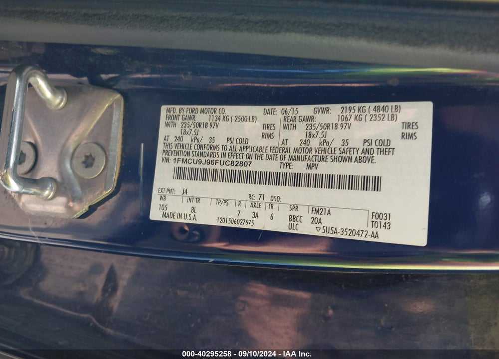 2015 FORD ESCAPE TITANIUM VIN: 1FMCU9J96FUC82807