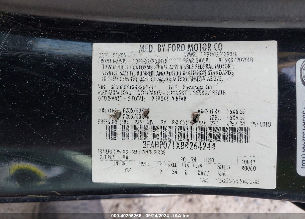 2008 FORD FUSION SE VIN: 3FAHP071X8R264244