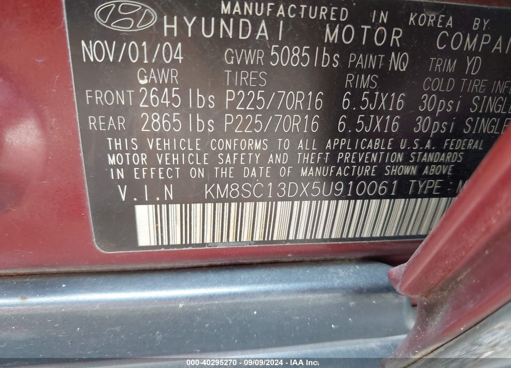 2005 HYUNDAI SANTA FE GLS VIN: KM8SC13DX5U910061