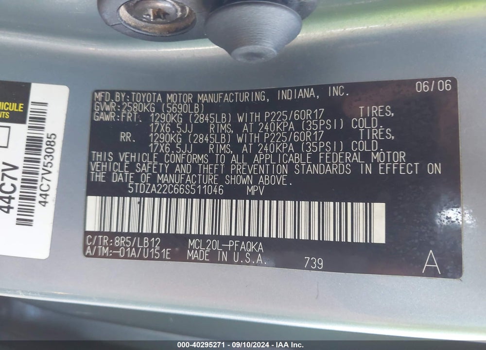 2006 TOYOTA SIENNA VIN: 5TDZA22C66S511046