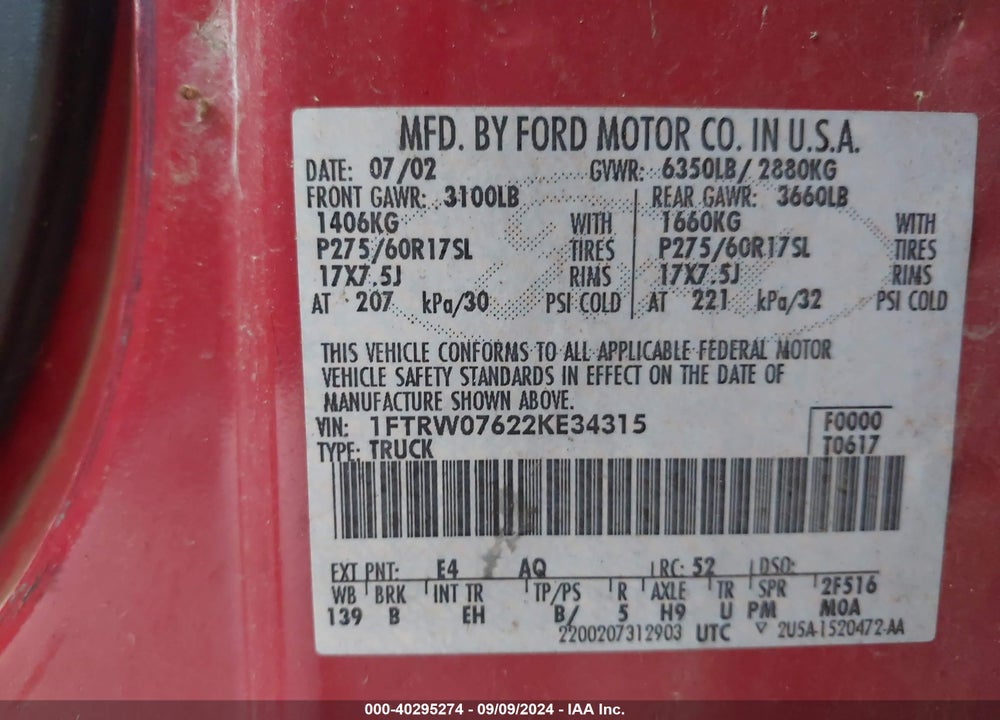 2002 FORD F-150 LARIAT/XLT VIN: 1FTRW07622KE34315