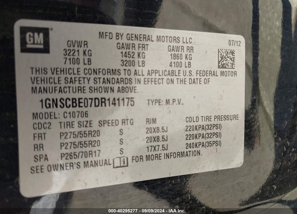 2013 CHEVROLET TAHOE LT VIN: 1GNSCBE07DR141175