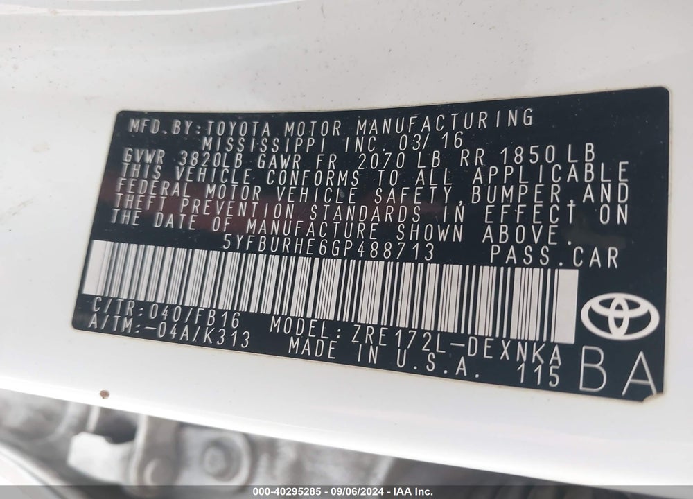 2016 TOYOTA COROLLA LE VIN: 5YFBURHE6GP488713