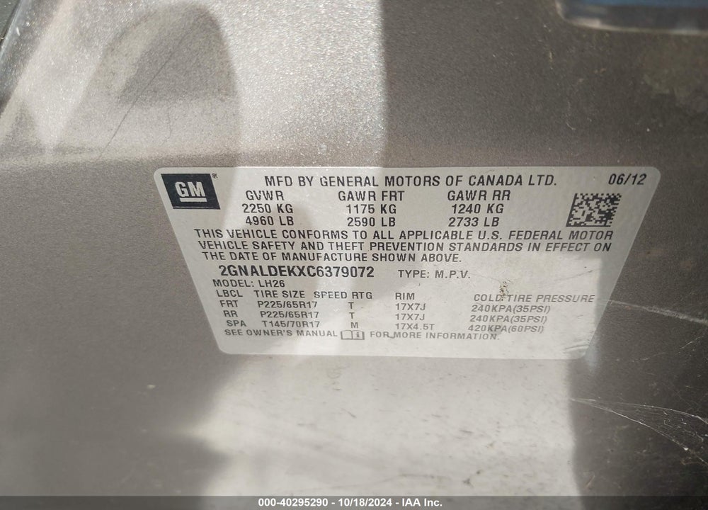 2012 CHEVROLET EQUINOX 1LT VIN: 2GNALDEKXC6379072