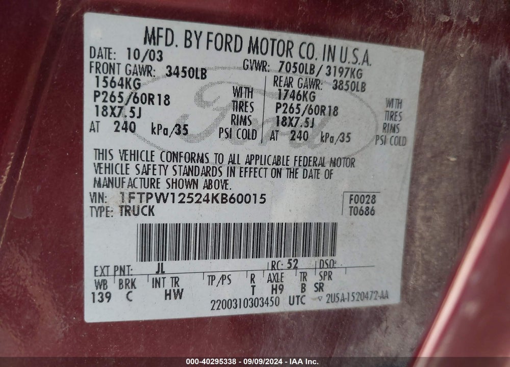 2004 FORD F-150 LARIAT/XLT VIN: 1FTPW12524KB60015