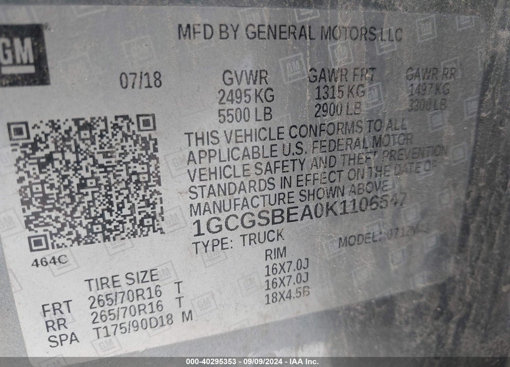 2019 CHEVROLET COLORADO 2WD WORK TRUCK VIN: 1GCGSBEA0K1106547