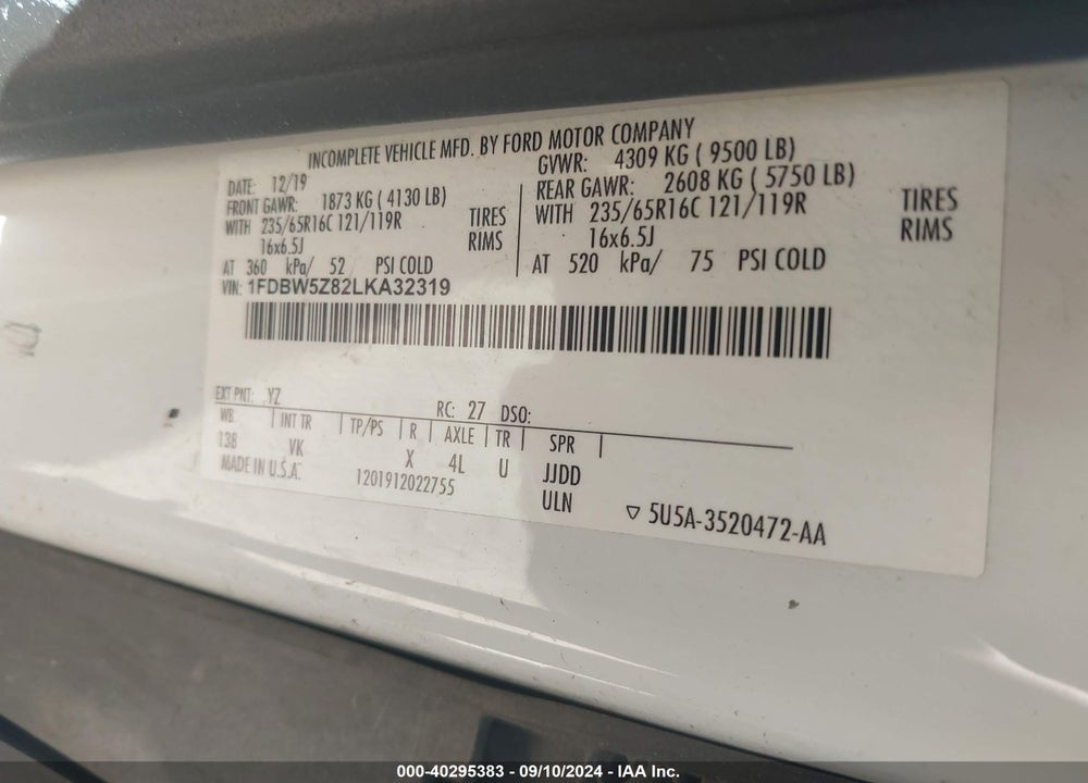 2020 FORD TRANSIT-350 CAB VIN: 1FDBW5Z82LKA32319