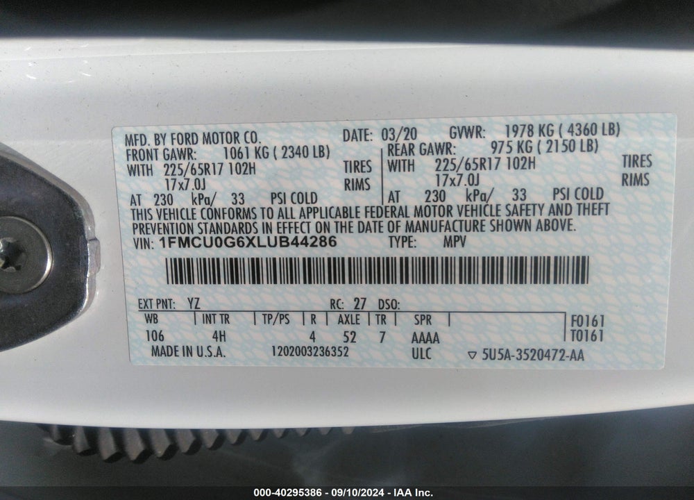 2020 FORD ESCAPE SE VIN: 1FMCU0G6XLUB44286