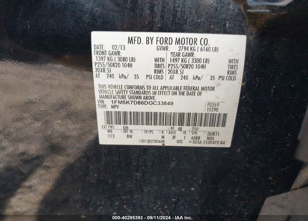 2013 FORD EXPLORER VIN: 1FM5K7D86DGC33849