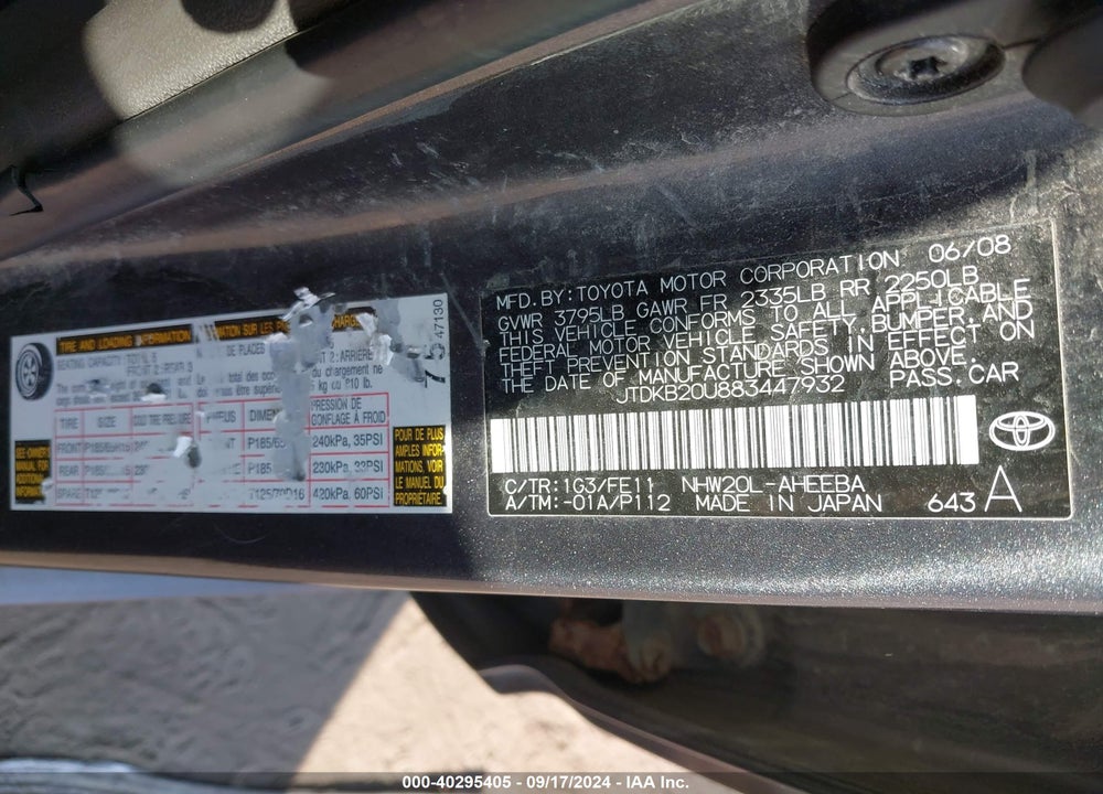 2008 TOYOTA PRIUS VIN: JTDKB20U883447932