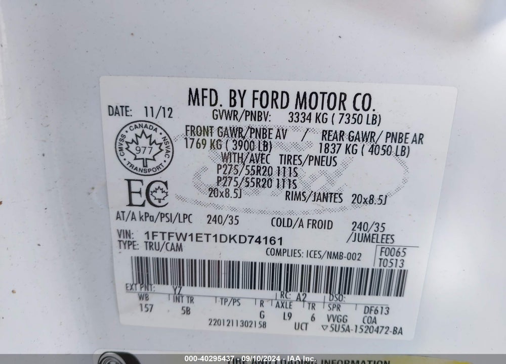 2013 FORD F-150 FX4 VIN: 1FTFW1ET1DKD74161