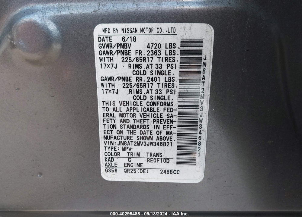 2018 NISSAN ROGUE SV VIN: JN8AT2MV3JW346821