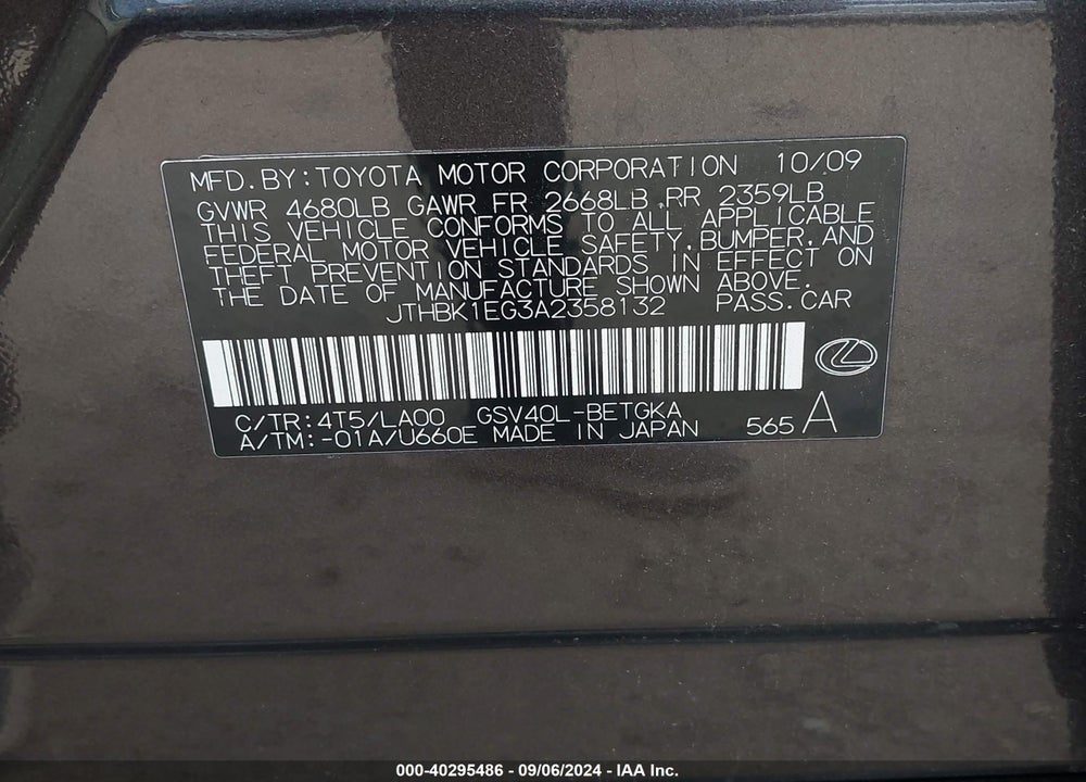 2010 LEXUS ES 350 VIN: JTHBK1EG3A2358132