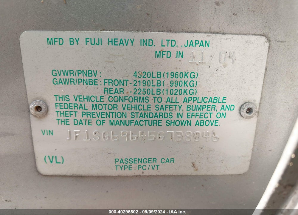 2005 SUBARU FORESTER 2.5XT VIN: JF1SG69645G738046