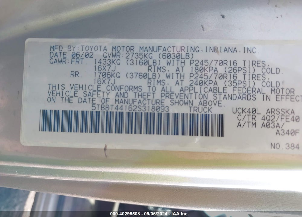 2002 TOYOTA TUNDRA VIN: 5TBBT44162S318093