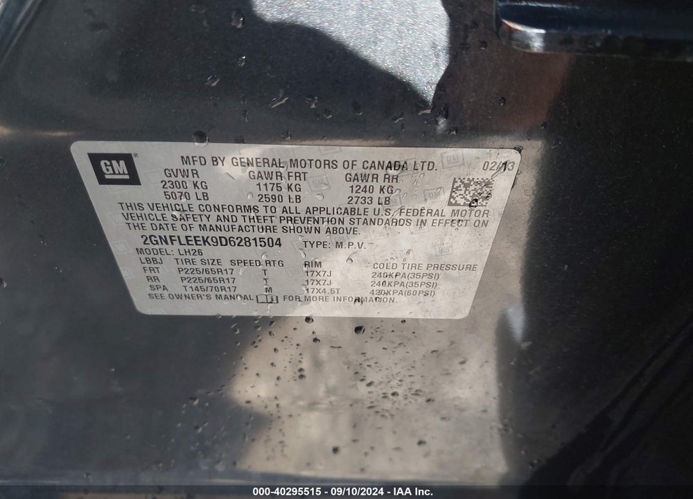 2013 CHEVROLET EQUINOX 1LT VIN: 2GNFLEEK9D6281504