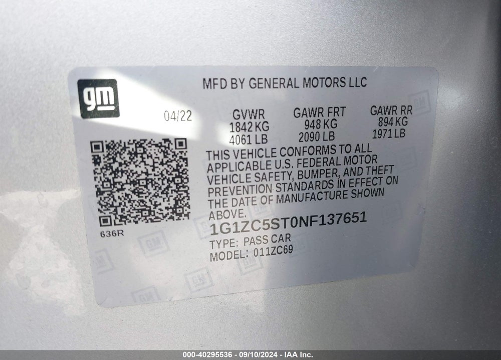 2022 CHEVROLET MALIBU FWD 1FL VIN: 1G1ZC5ST0NF137651