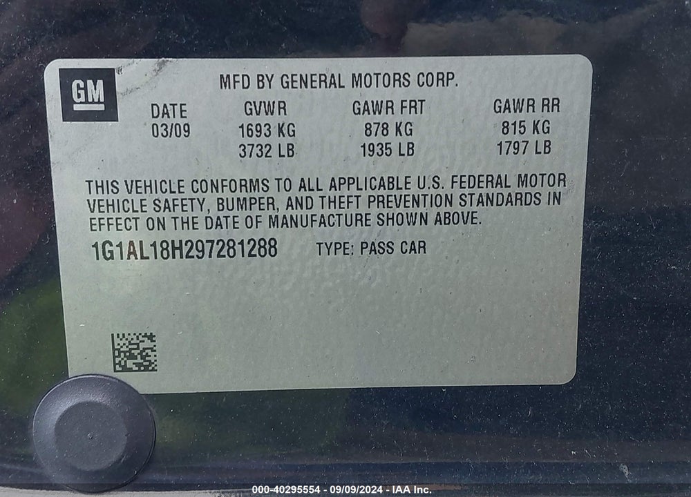 2009 CHEVROLET COBALT LT VIN: 1G1AL18H297281288
