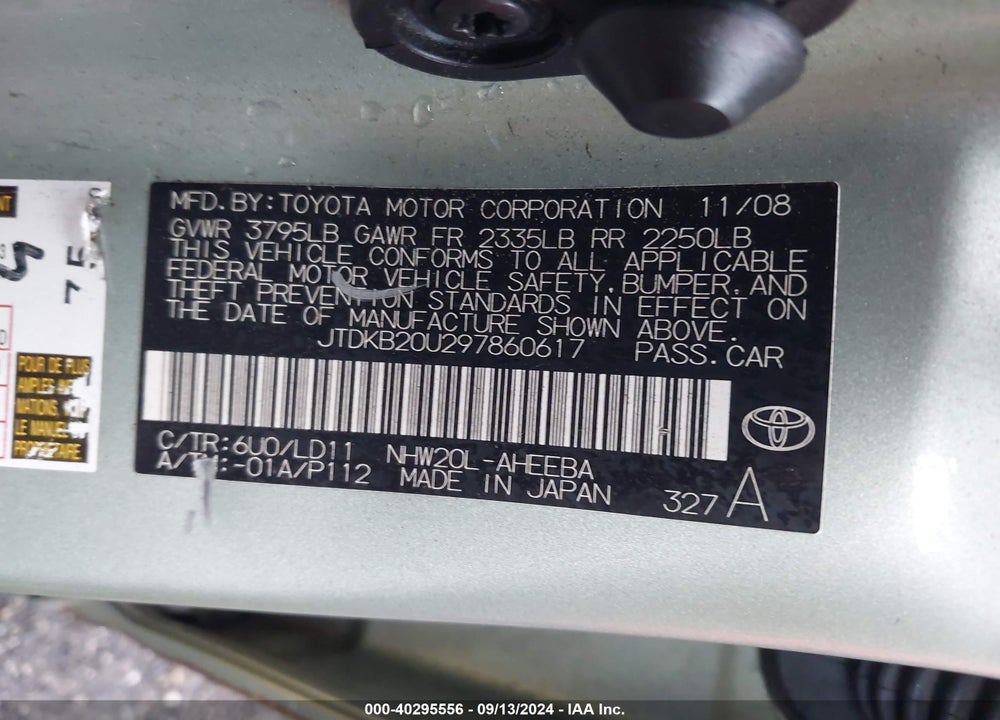 2009 TOYOTA PRIUS VIN: JTDKB20U297860617