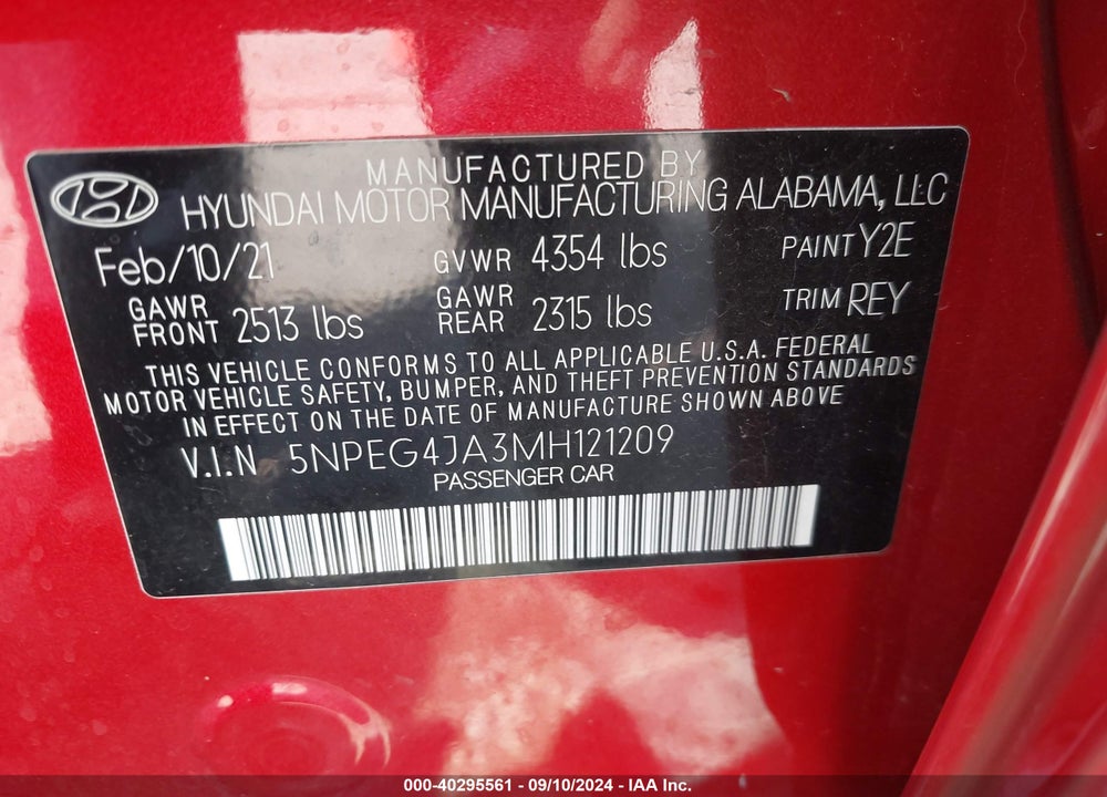 2021 HYUNDAI SONATA SE VIN: 5NPEG4JA3MH121209