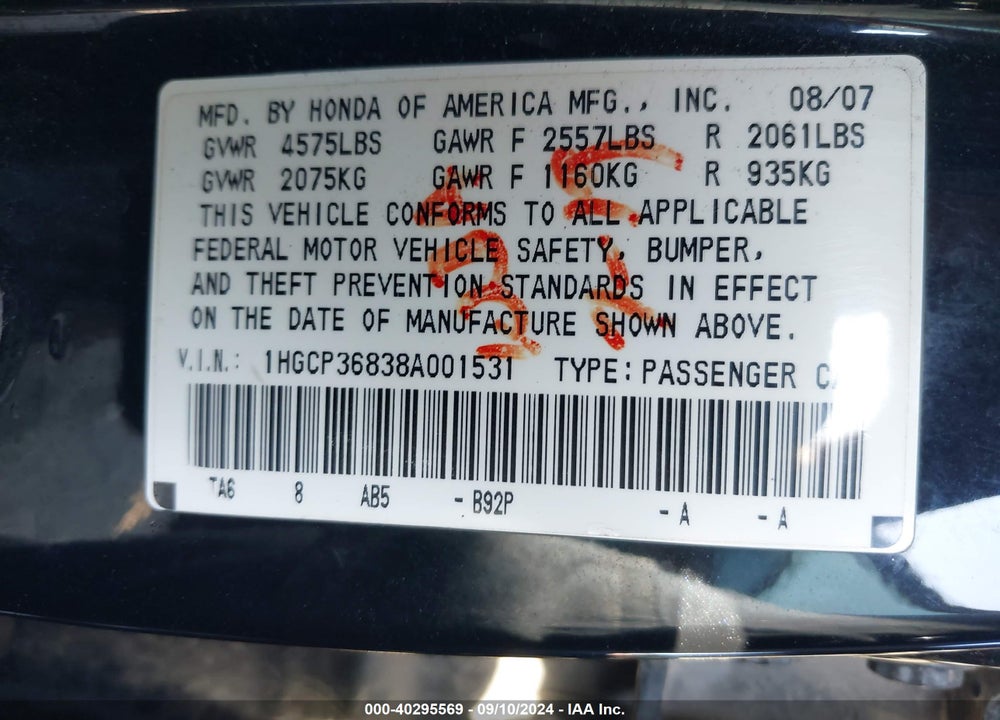 2008 HONDA ACCORD 3.5 EX-L VIN: 1HGCP36838A001531