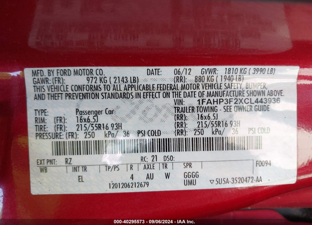 2012 FORD FOCUS VIN: 1FAHP3F2XCL443936