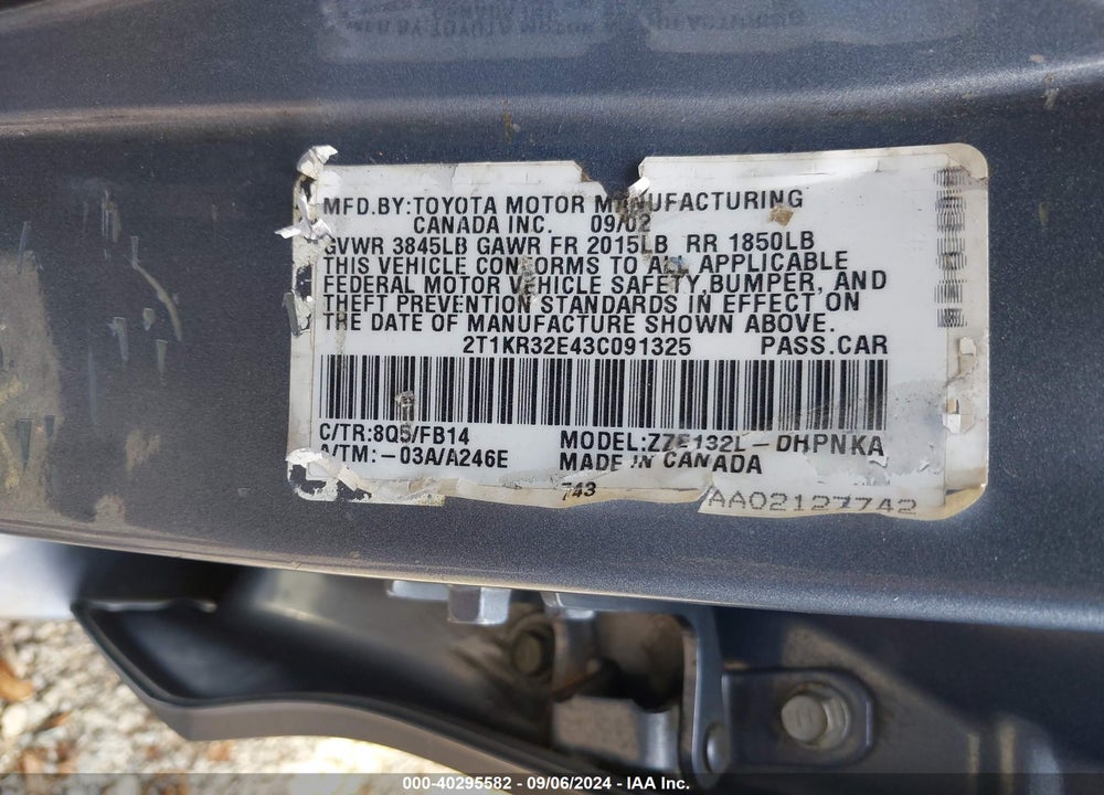 2003 TOYOTA MATRIX/XR VIN: 2T1KR32E43C091325