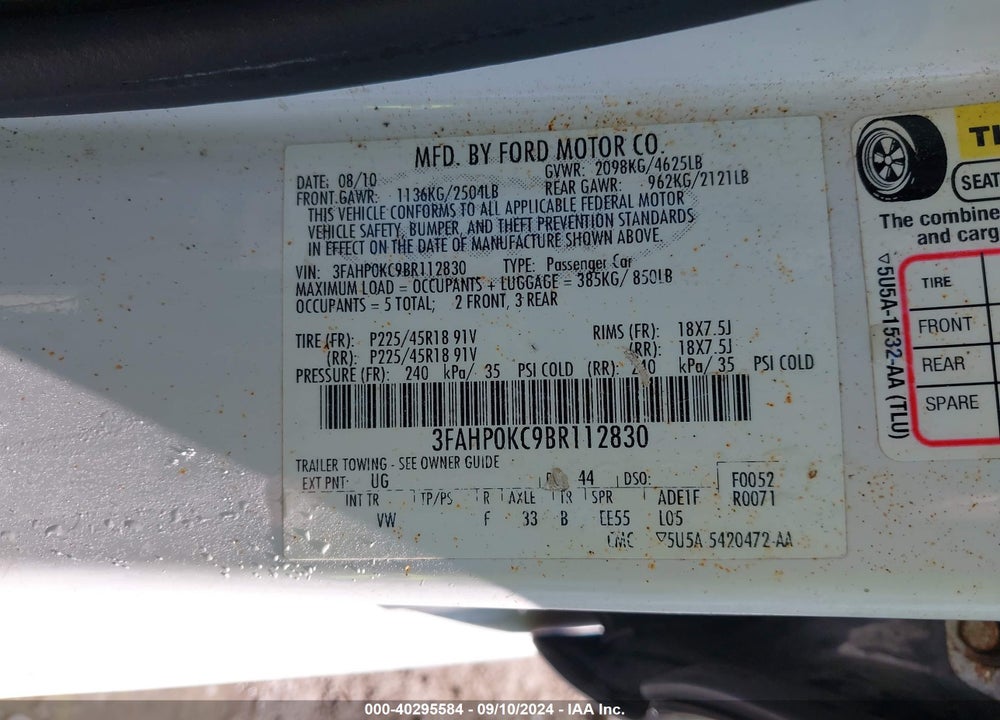 2011 FORD FUSION SPORT VIN: 3FAHP0KC9BR112830