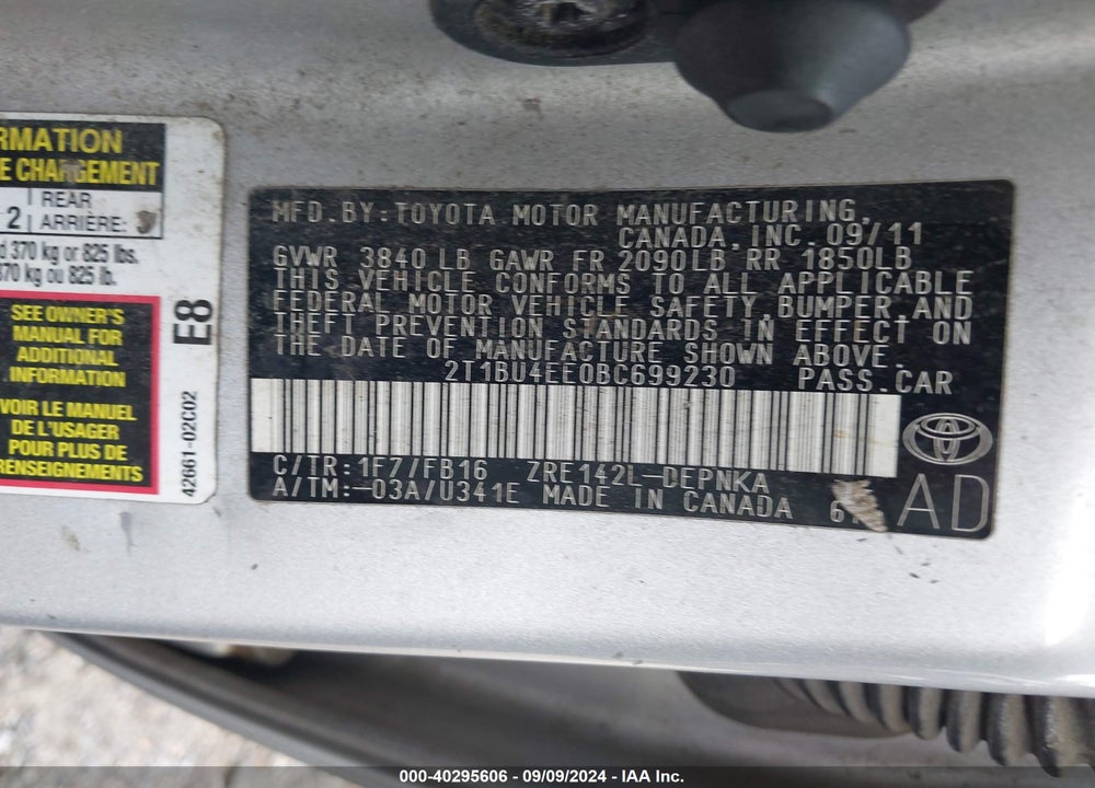 2011 TOYOTA COROLLA LE VIN: 2T1BU4EE0BC699230