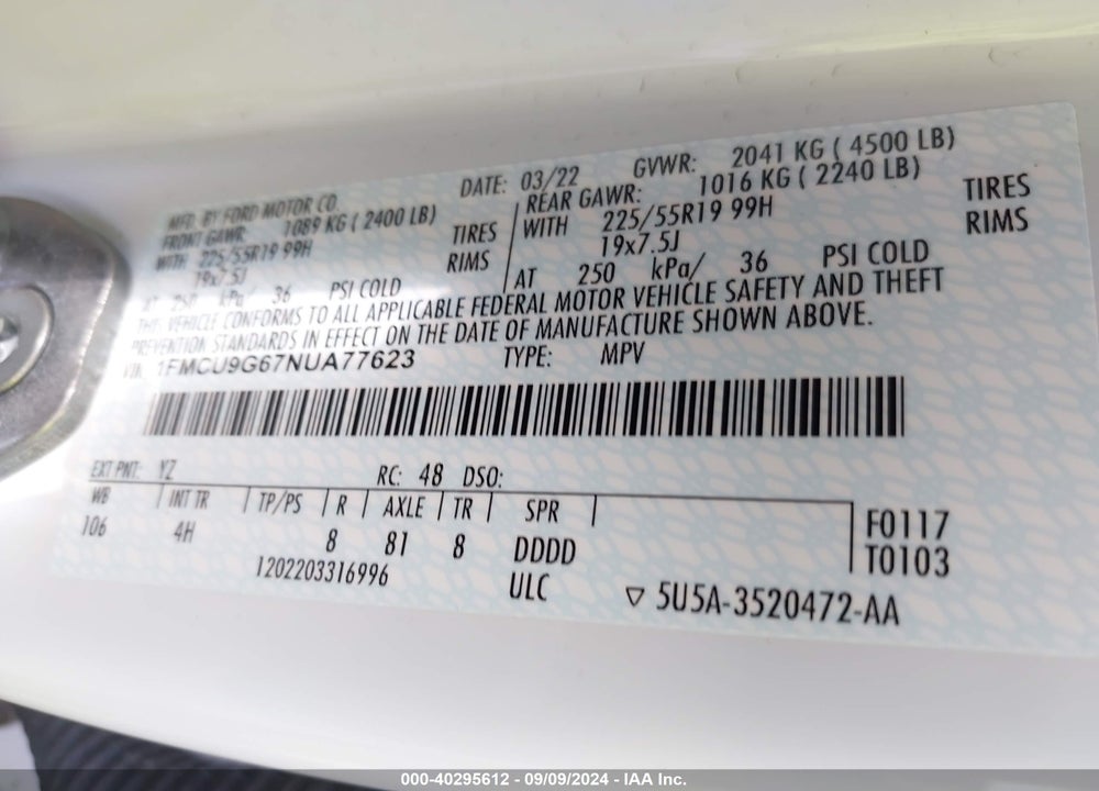 2022 FORD ESCAPE SE VIN: 1FMCU9G67NUA77623